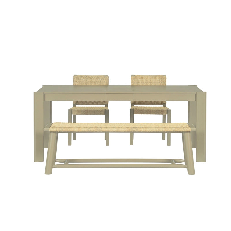 Ensemble de salle à manger en bois de ferme de 4 pièces, table de cuisine extensible avec 2 chaises à dossier incurvé et banc en rotin pour 4 à 8 personnes