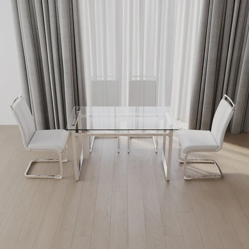 Ensemble de salle à manger moderne 5 pièces avec table rectangulaire en verre et chaises de salle à manger sans accoudoirs à dossier haut aux pieds plaqués argent