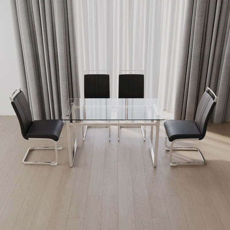 Ensemble de salle à manger moderne 5 pièces avec table rectangulaire en verre et chaises de salle à manger sans accoudoirs à dossier haut aux pieds plaqués argent