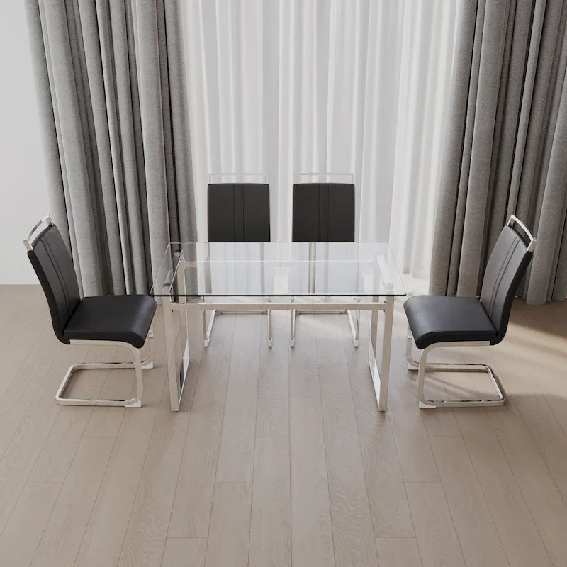 Ensemble de salle à manger moderne 5 pièces avec table rectangulaire en verre et chaises de salle à manger sans accoudoirs à dossier haut aux pieds plaqués argent