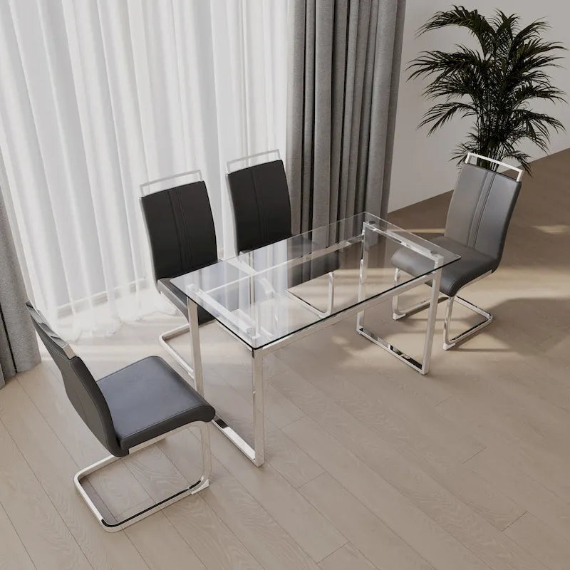 Ensemble de salle à manger moderne 5 pièces avec table rectangulaire en verre et chaises de salle à manger sans accoudoirs à dossier haut aux pieds plaqués argent