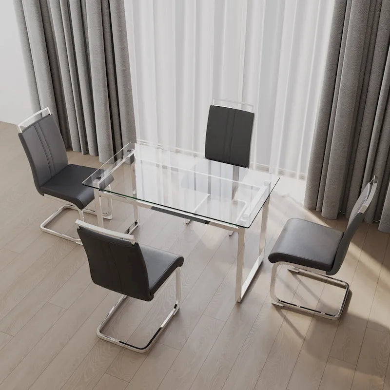 Ensemble de salle à manger moderne 5 pièces avec table rectangulaire en verre et chaises de salle à manger sans accoudoirs à dossier haut aux pieds plaqués argent