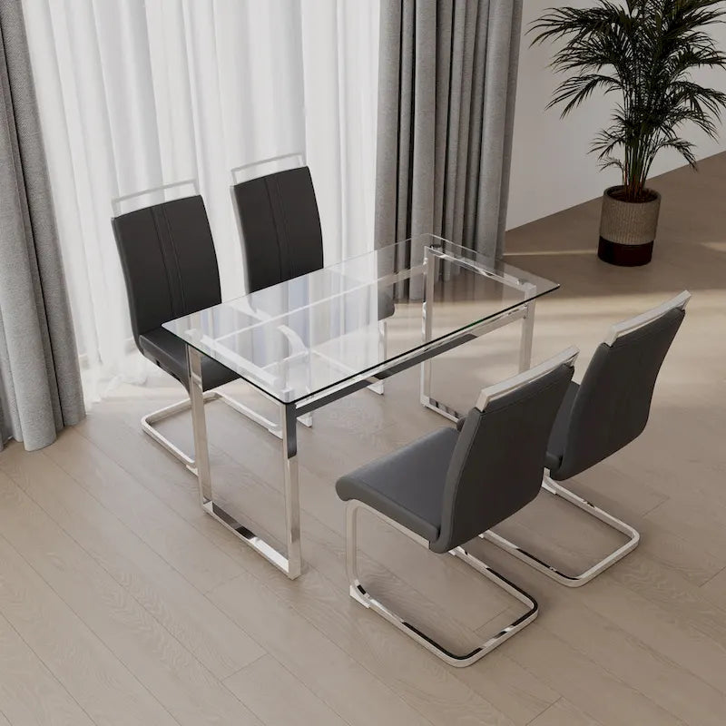 Ensemble de salle à manger moderne 5 pièces avec table rectangulaire en verre et chaises de salle à manger sans accoudoirs à dossier haut aux pieds plaqués argent