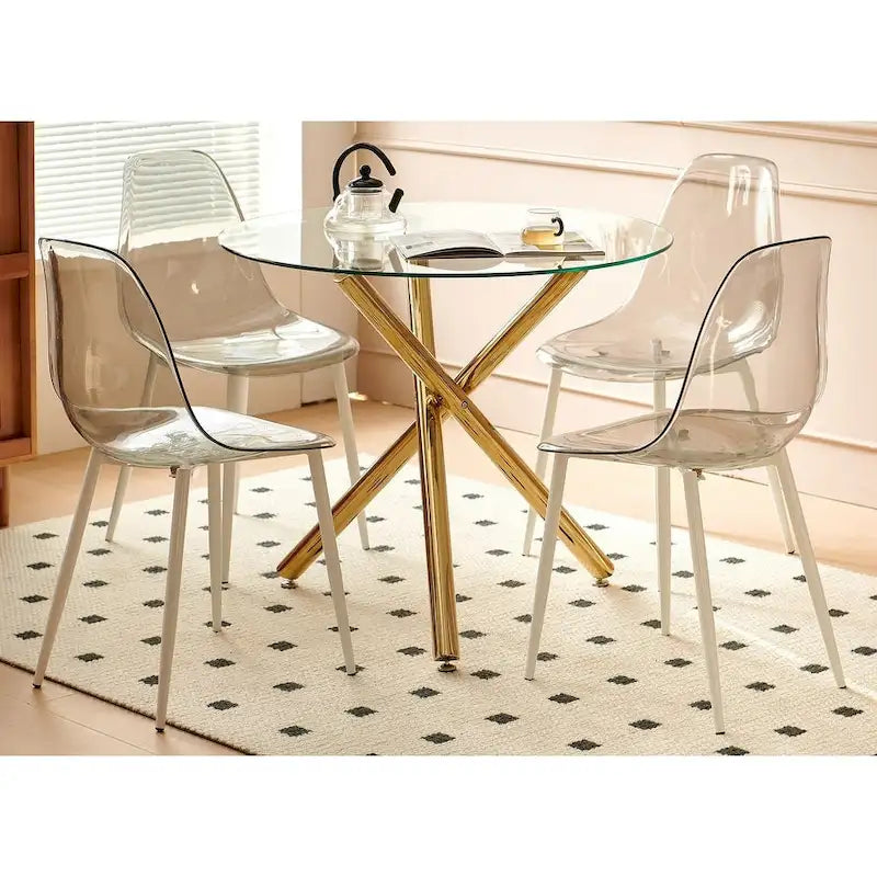 Ensemble de salle à manger moderne 5 pièces avec table ronde à piédestal en verre et métal et 4 chaises transparentes