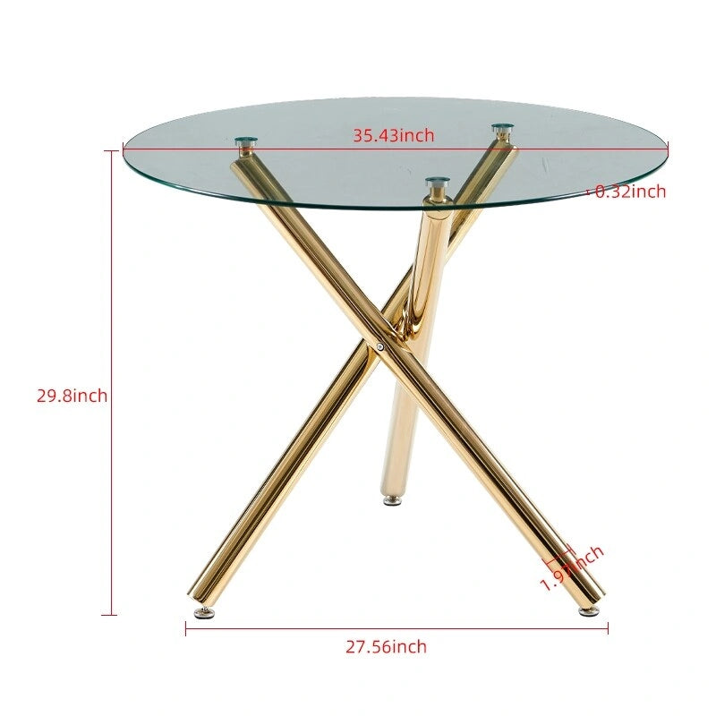 Ensemble de salle à manger moderne 5 pièces avec table ronde à piédestal en verre et métal et 4 chaises transparentes