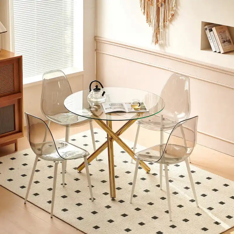 Ensemble de salle à manger moderne 5 pièces avec table ronde à piédestal en verre et métal et 4 chaises transparentes