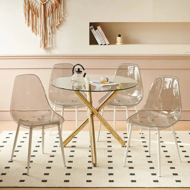 Ensemble de salle à manger moderne 5 pièces avec table ronde à piédestal en verre et métal et 4 chaises transparentes