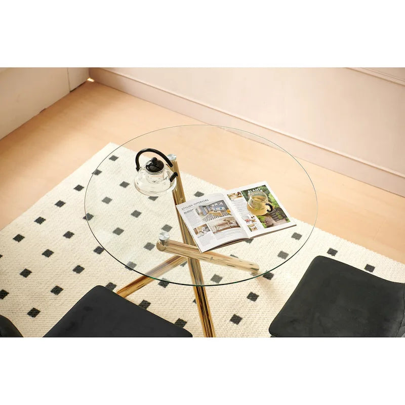 Ensemble de salle à manger moderne 5 pièces avec table ronde à piédestal en verre et métal et 4 chaises transparentes