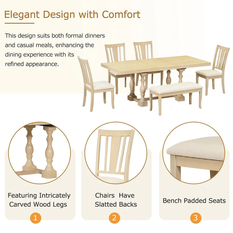 Ensemble de salle à manger traditionnel 6 pièces avec table et chaises extensibles
