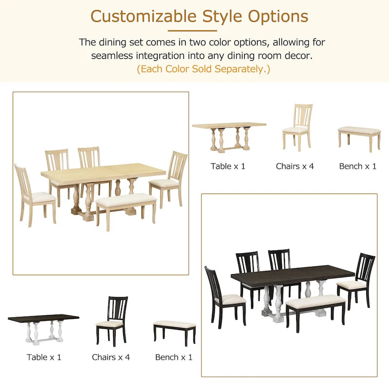 Ensemble de salle à manger traditionnel 6 pièces avec table et chaises extensibles