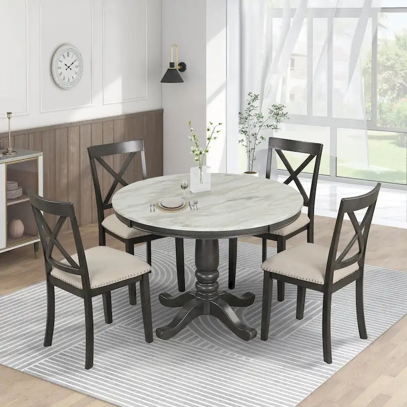 Ensemble de salle à manger moderne 5 pièces en bois avec table ronde et 4 chaises rembourrées