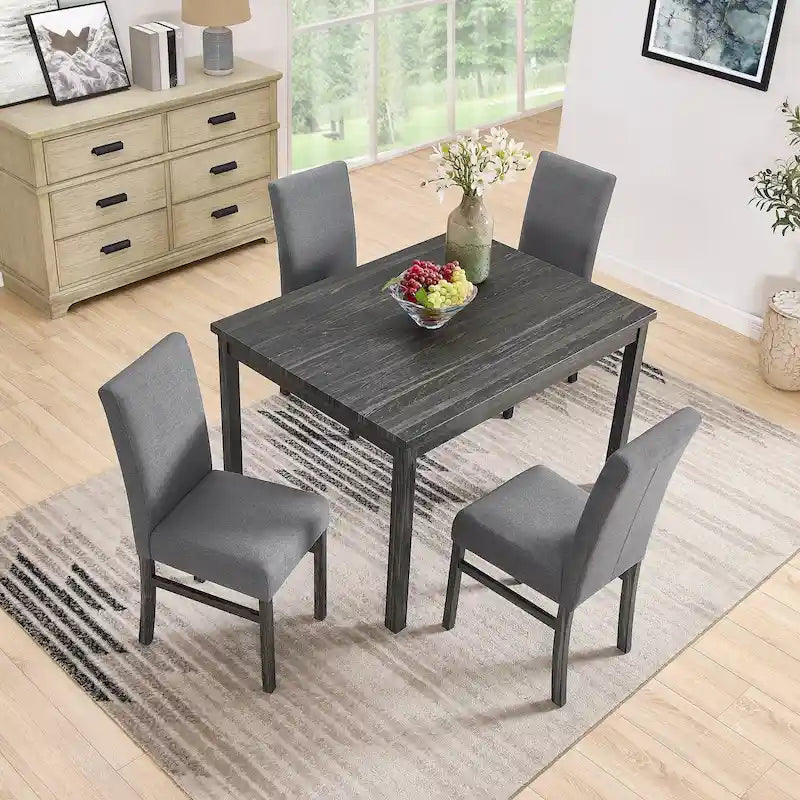 Ensemble de salle à manger rustique 5 pièces avec table rectangulaire pour petits espaces et 4 chaises de salle à manger rembourrées