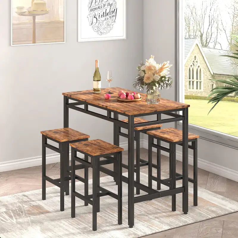 Ensemble de salle à manger rustique 5 pièces avec table rectangulaire et 4 chaises de bar hautes