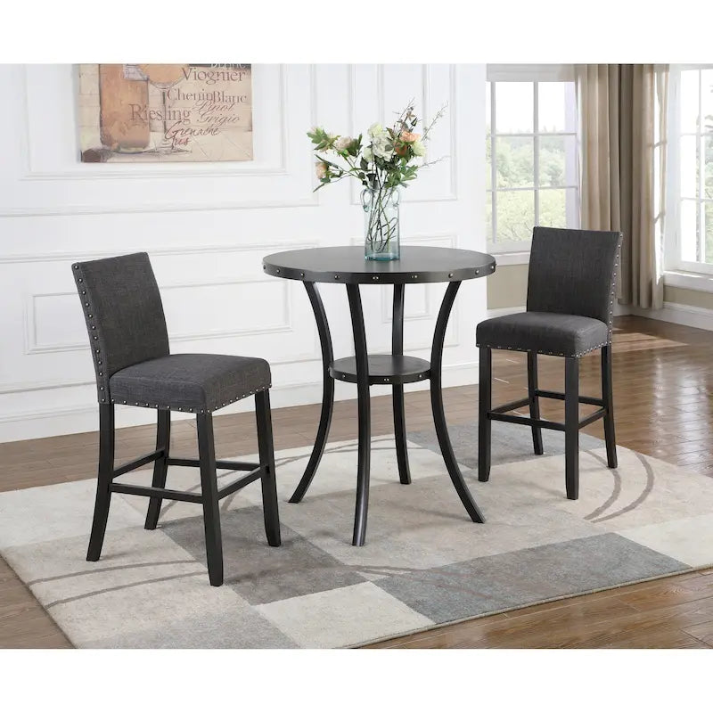 Ensemble de salle à manger moderne 3 pièces avec table de bar ronde et 2 chaises de pub cloutées