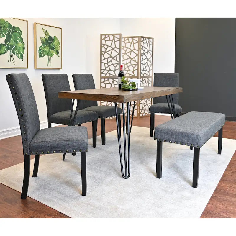 Ensemble de salle à manger industriel 6 pièces avec table rectangulaire, 4 chaises rembourrées en lin et un banc