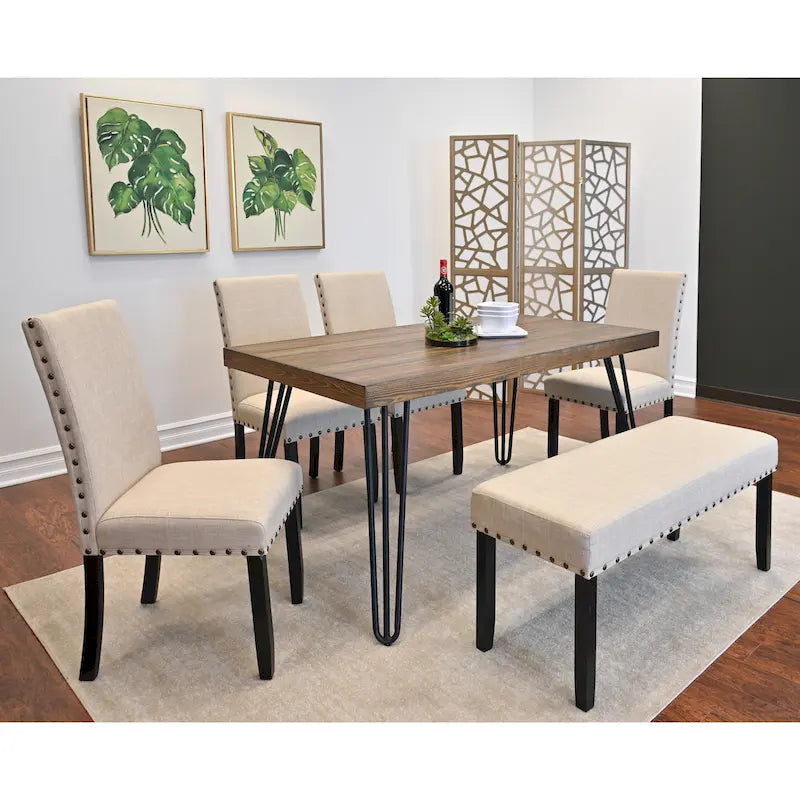 Ensemble de salle à manger industriel 6 pièces avec table rectangulaire, 4 chaises rembourrées en lin et un banc