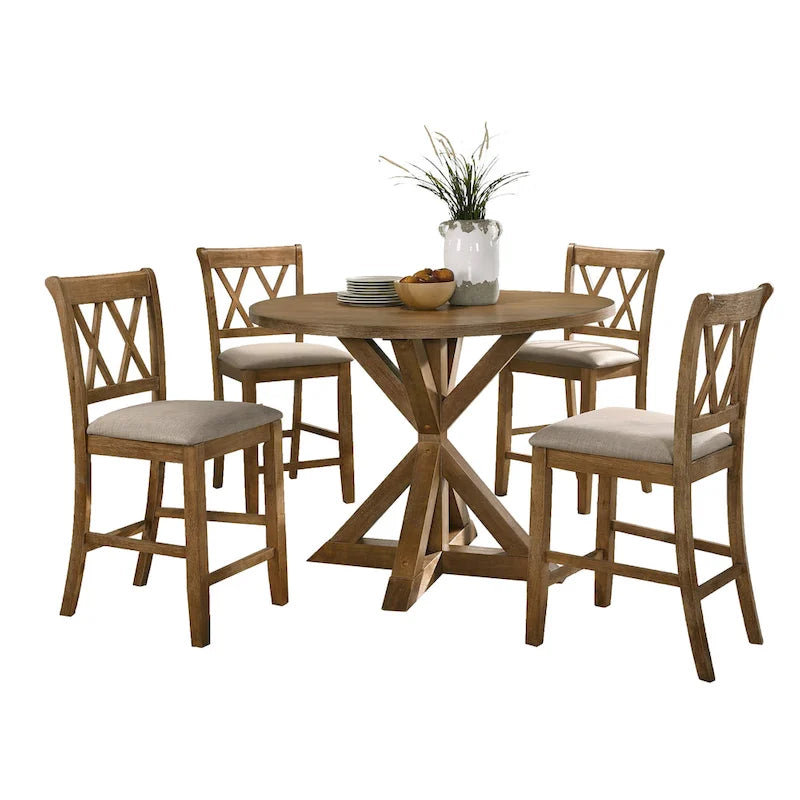 Ensemble de salle à manger en bois 5 pièces à hauteur de comptoir avec pied de table croisé et 4 chaises à dossier croisé
