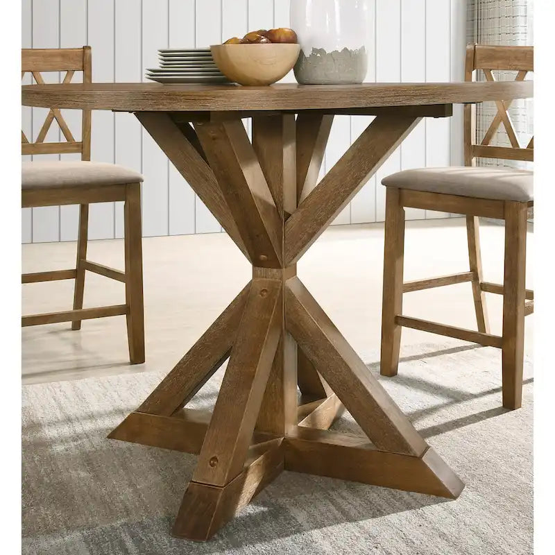 Ensemble de salle à manger en bois 5 pièces à hauteur de comptoir avec pied de table croisé et 4 chaises à dossier croisé