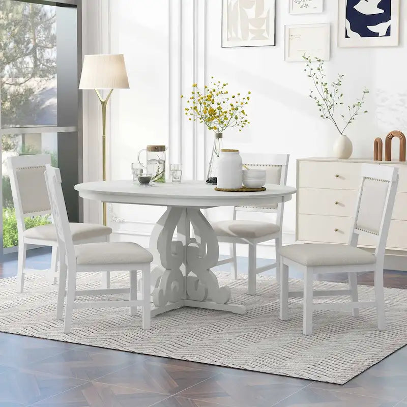 Ensemble de salle à manger 5 pièces en bois rétro blanc antique avec table extensible et 4 chaises