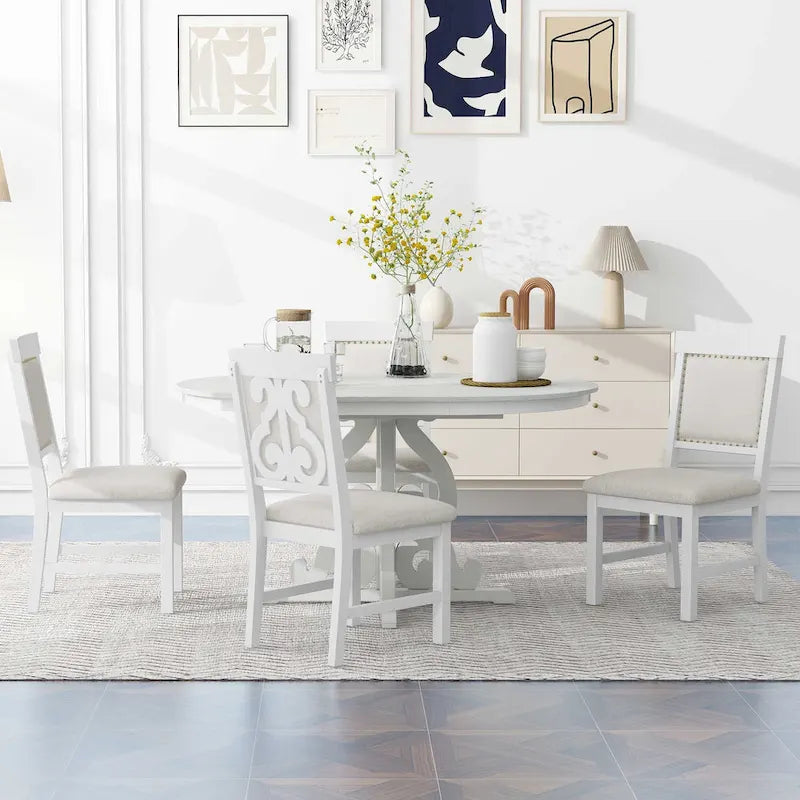 Ensemble de salle à manger 5 pièces en bois rétro blanc antique avec table extensible et 4 chaises
