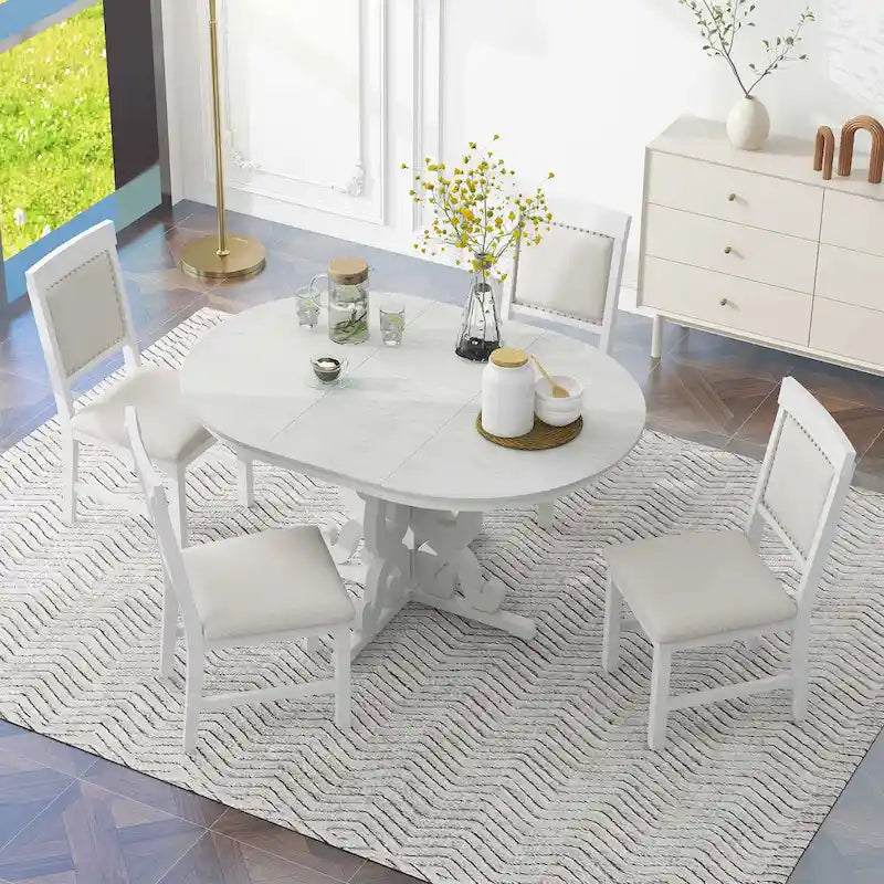 Ensemble de salle à manger 5 pièces en bois rétro blanc antique avec table extensible et 4 chaises