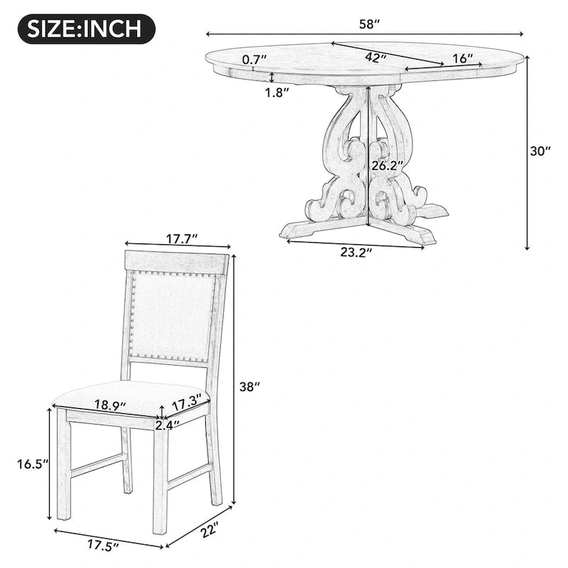 Ensemble de salle à manger 5 pièces en bois rétro blanc antique avec table extensible et 4 chaises