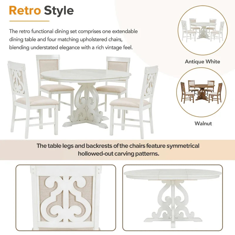 Ensemble de salle à manger 5 pièces en bois rétro blanc antique avec table extensible et 4 chaises