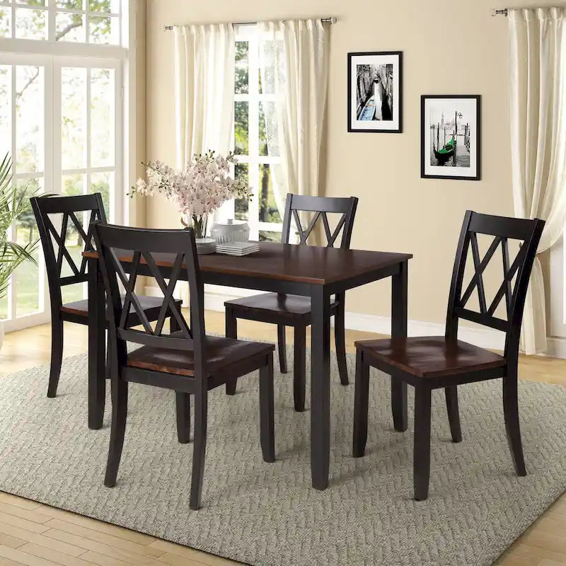 Ensemble table à manger en bois noir 5 pièces avec table rectangulaire et 4 chaises