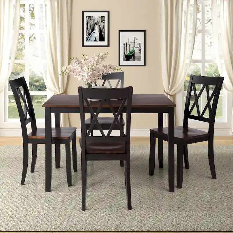 Ensemble table à manger en bois noir 5 pièces avec table rectangulaire et 4 chaises