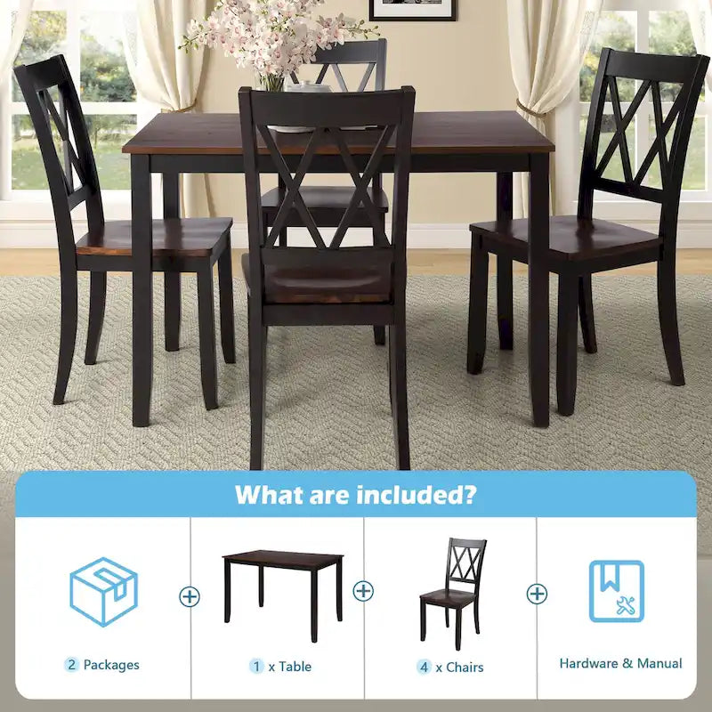 Ensemble table à manger en bois noir 5 pièces avec table rectangulaire et 4 chaises