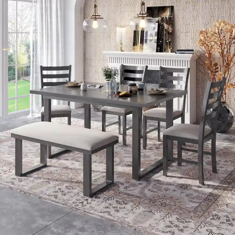 Ensemble de salle à manger rustique gris 6 pièces avec table rectangulaire et 4 chaises