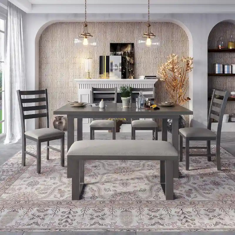 Ensemble de salle à manger rustique gris 6 pièces avec table rectangulaire et 4 chaises