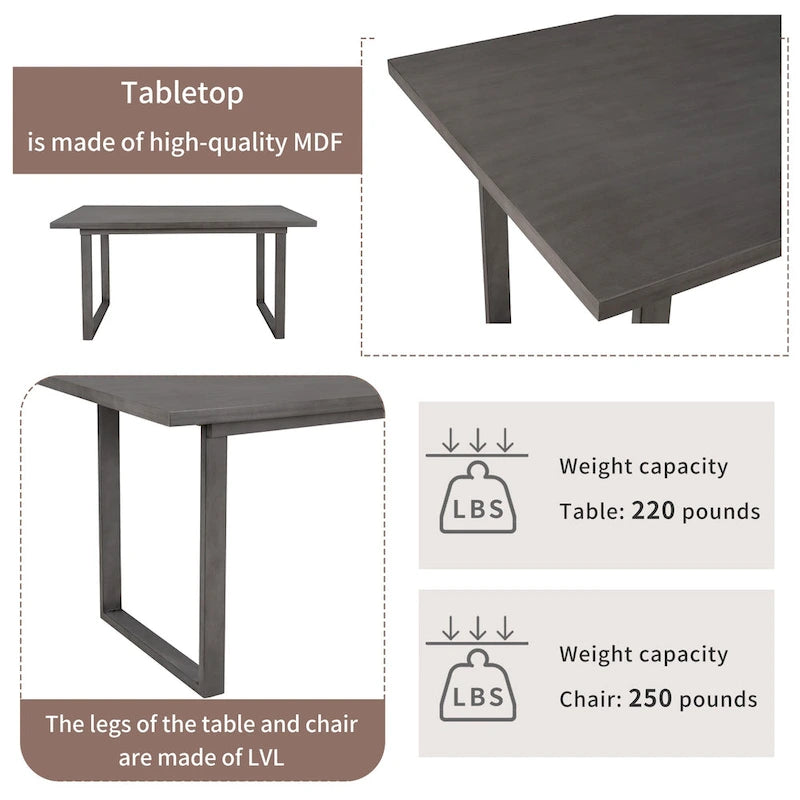 Ensemble de salle à manger rustique gris 6 pièces avec table rectangulaire et 4 chaises