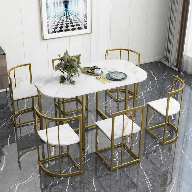 Ensemble de salle à manger 7 pièces avec cadre en métal doré et blanc, table demi-ronde et 6 chaises