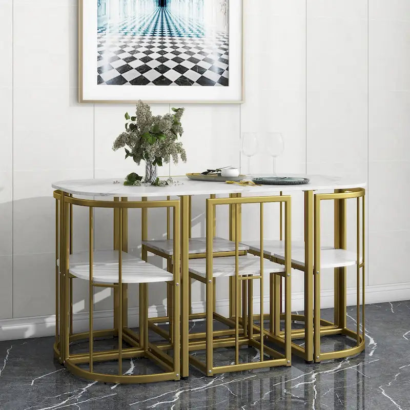 Ensemble de salle à manger 7 pièces avec cadre en métal doré et blanc, table demi-ronde et 6 chaises