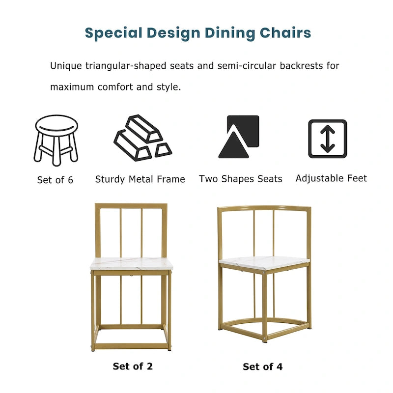 Ensemble de salle à manger 7 pièces avec cadre en métal doré et blanc, table demi-ronde et 6 chaises