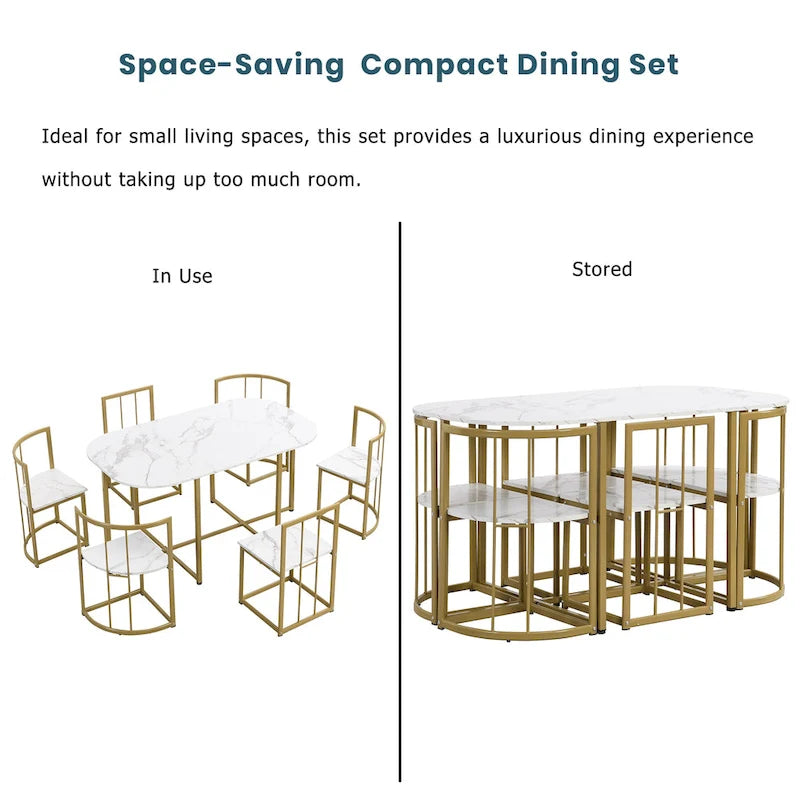 Ensemble de salle à manger 7 pièces avec cadre en métal doré et blanc, table demi-ronde et 6 chaises
