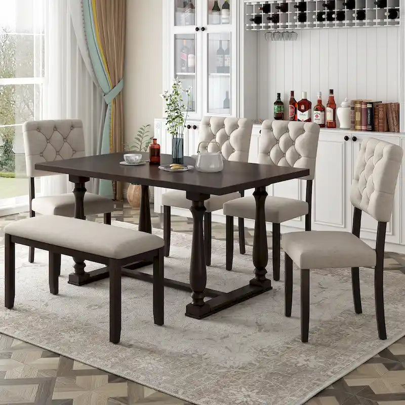 Ensemble de salle à manger en bois 6 pièces Espresso Retro avec table rectangulaire et 4 chaises