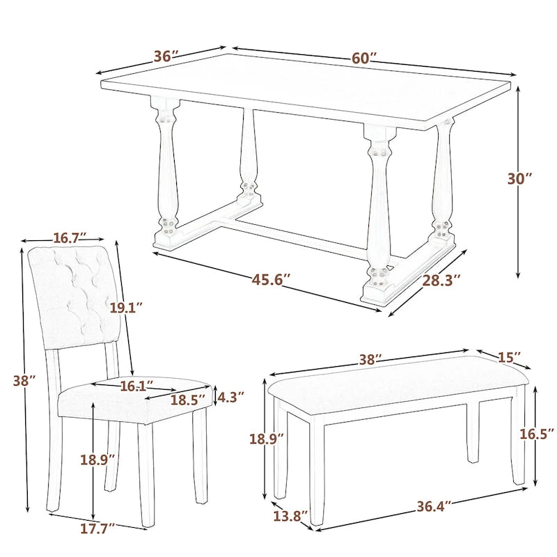 Ensemble de salle à manger en bois 6 pièces Espresso Retro avec table rectangulaire et 4 chaises