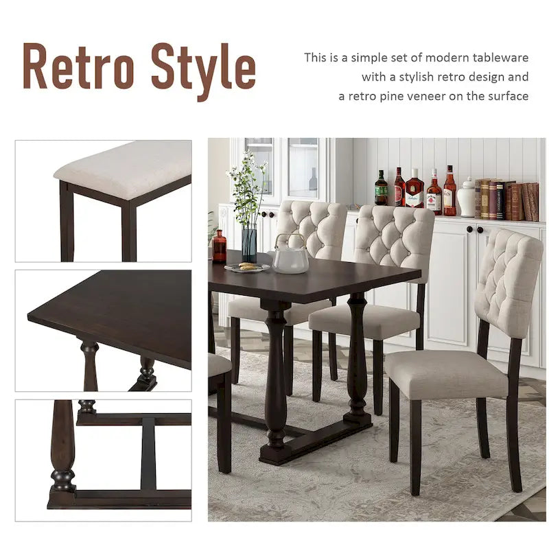 Ensemble de salle à manger en bois 6 pièces Espresso Retro avec table rectangulaire et 4 chaises