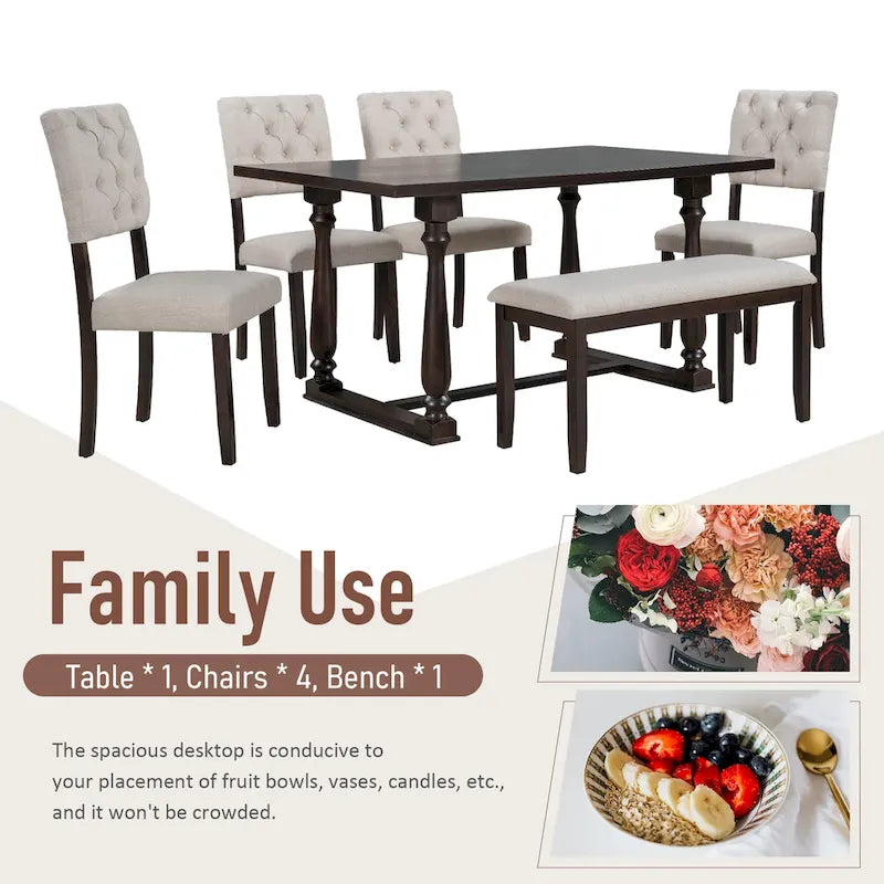 Ensemble de salle à manger en bois 6 pièces Espresso Retro avec table rectangulaire et 4 chaises