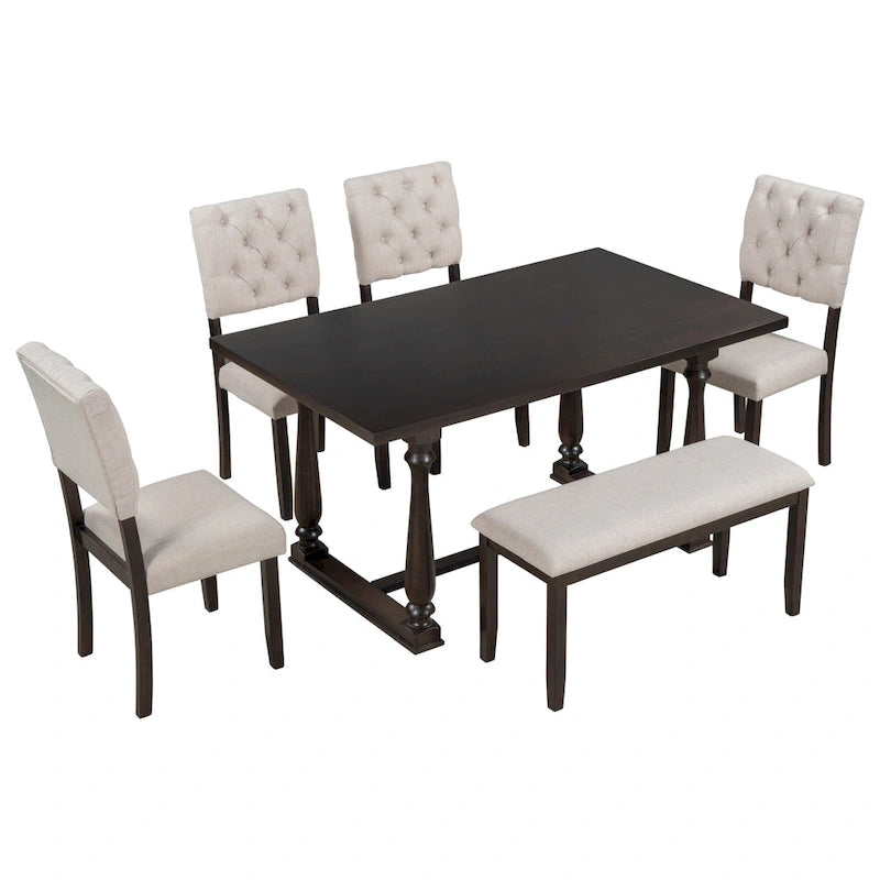 Ensemble de salle à manger en bois 6 pièces Espresso Retro avec table rectangulaire et 4 chaises