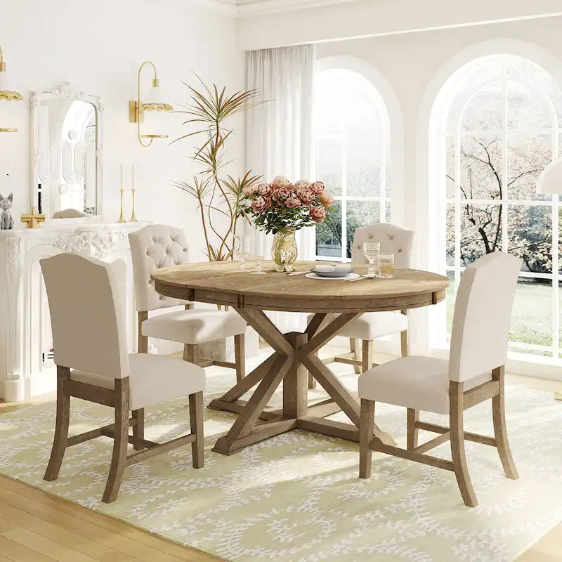 Ensemble de salle à manger rétro 5 pièces en bois avec table ronde extensible et 4 chaises
