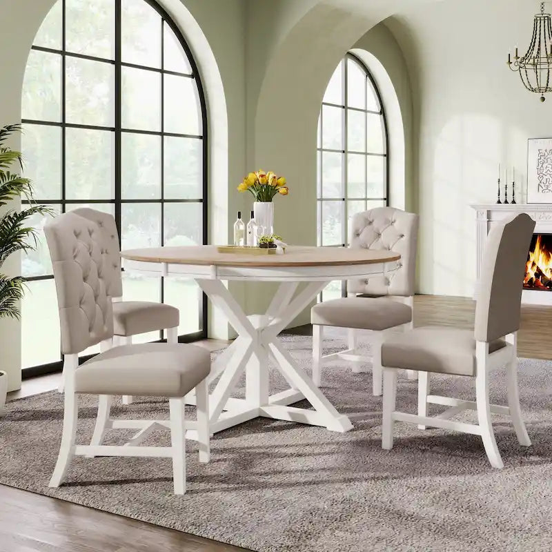 Ensemble de salle à manger rétro 5 pièces en bois avec table ronde extensible et 4 chaises