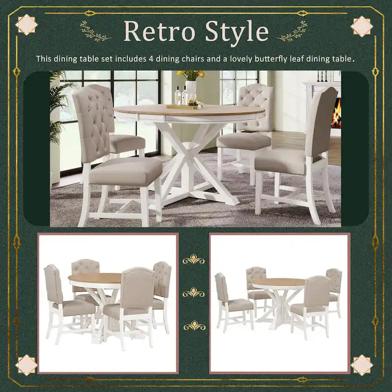 Ensemble de salle à manger rétro 5 pièces en bois avec table ronde extensible et 4 chaises