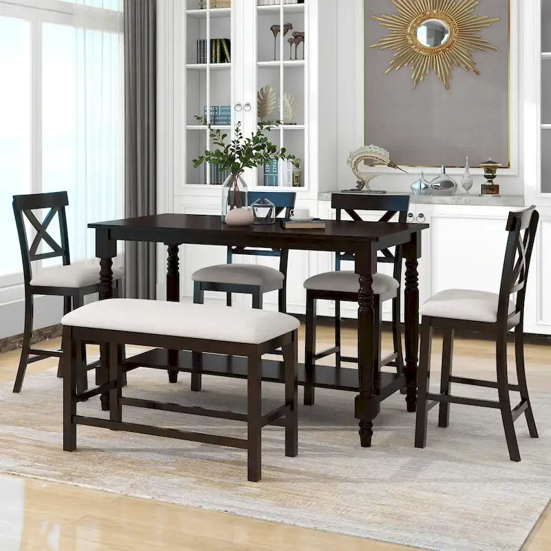 Ensemble table de salle à manger en bois 6 pièces hauteur comptoir vintage avec 4 chaises