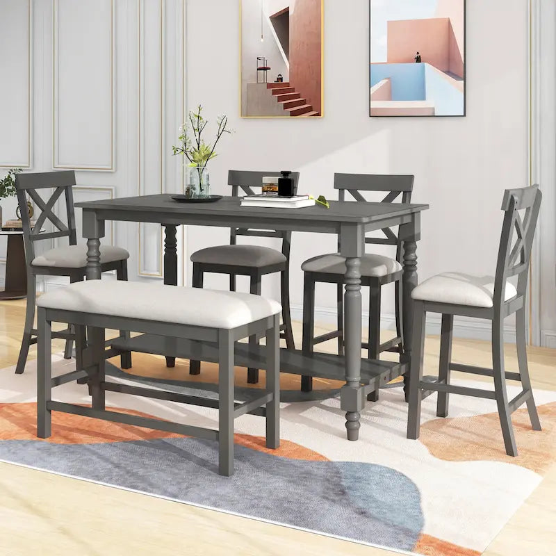 Vintage 6-Piece Counter Height Wooden Dining Table Set with 4 Chairs