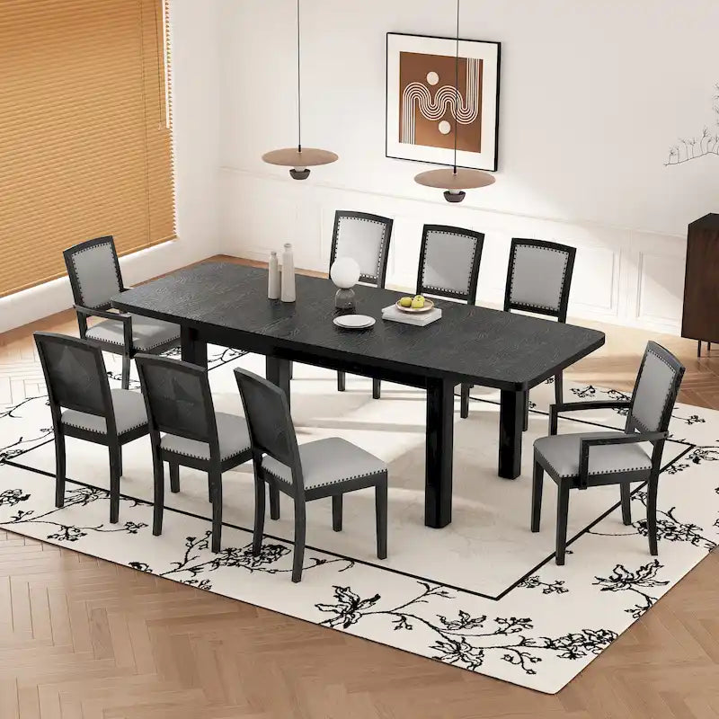 Ensemble de table à manger en bois 7 pièces noir et gris avec table extensible et 6 chaises