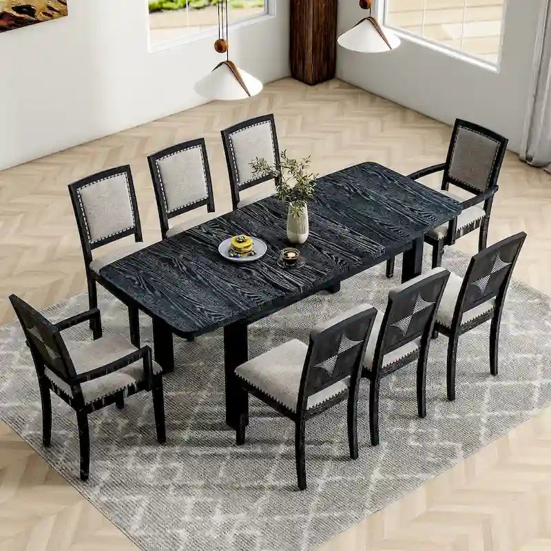 Ensemble de table à manger en bois 7 pièces noir et gris avec table extensible et 6 chaises