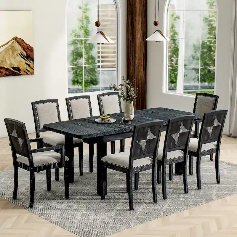 Ensemble de table à manger en bois 7 pièces noir et gris avec table extensible et 6 chaises